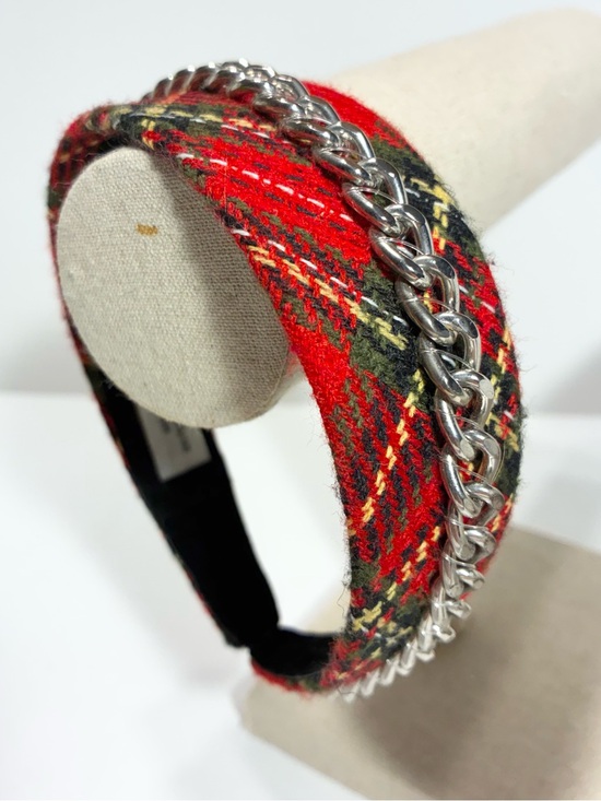 Accessories - Red Plaid Wide Headband w/ Chunky Silver Chain Detail, Black Velvet Lining